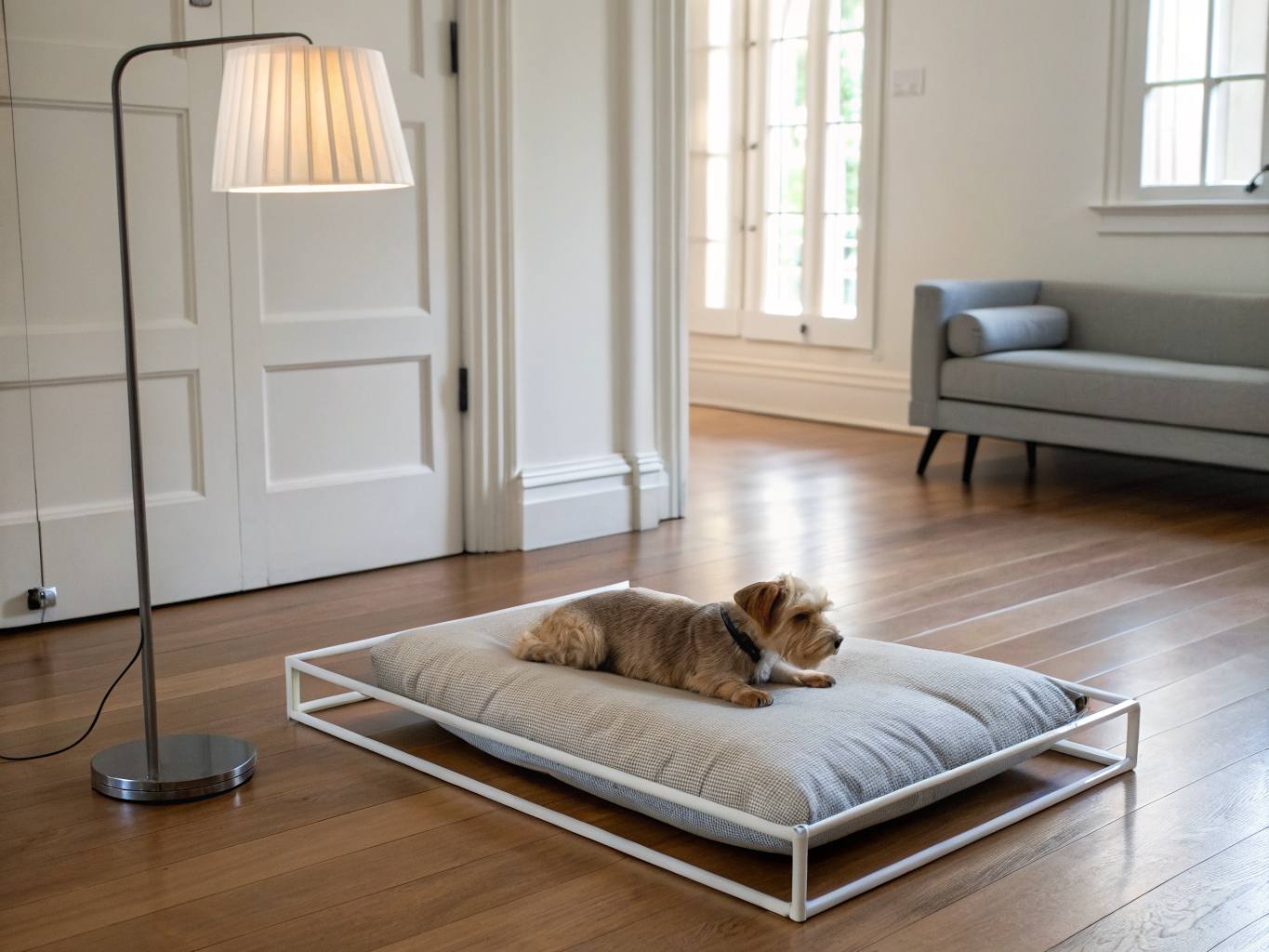 Compact modern dog bed in a clean studio apartment