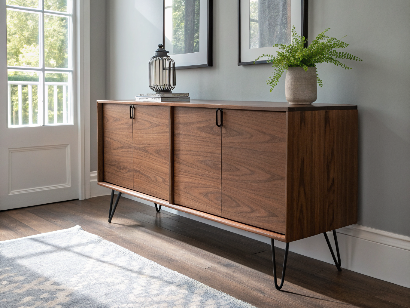 Organized dog storage cabinet and sleek food containers in modern living room