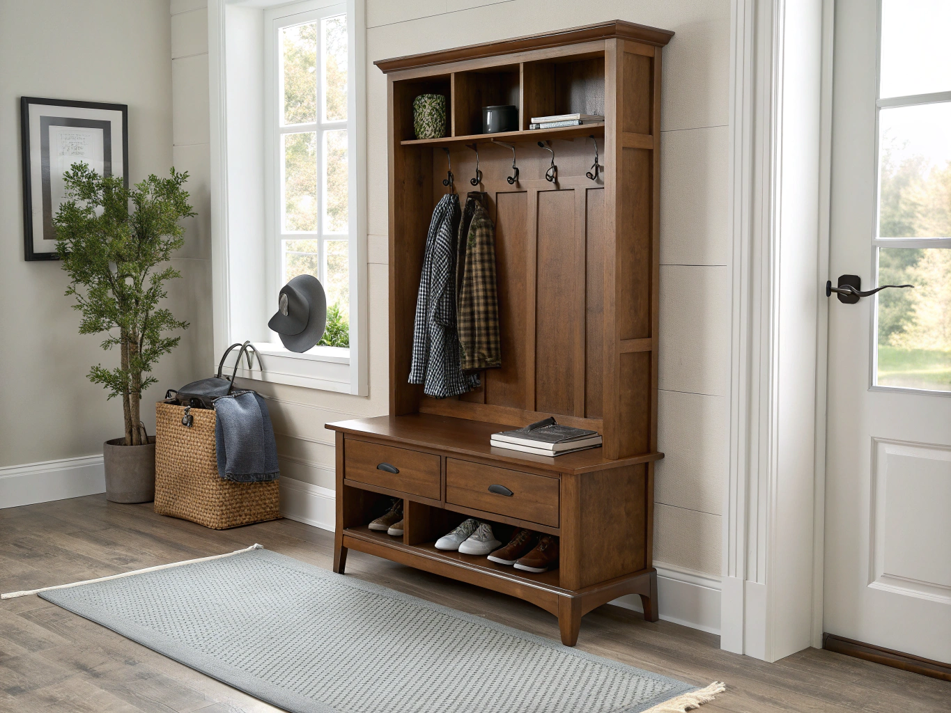 Tidy entryway storage bench holding organized dog supplies