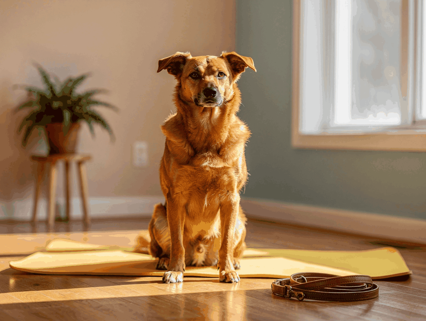 Dog calmly engaging with a quiet soft enrichment puzzle on hardwood flooring