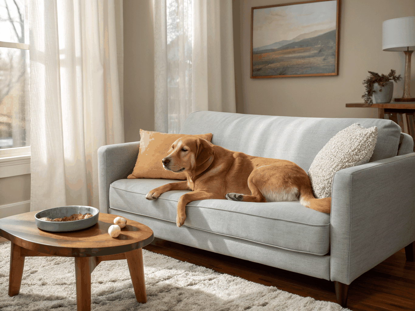 Peaceful dog napping on a couch in a quiet apartment