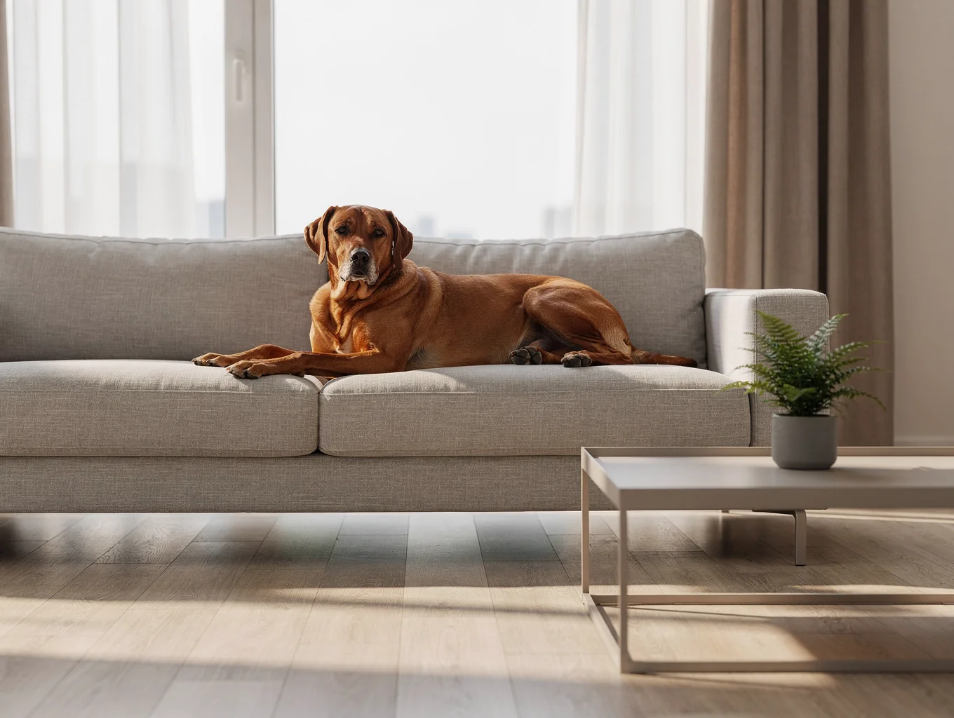 Dog resting beside subtle organic winter greenery in a cozy room